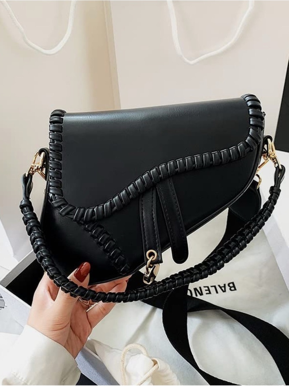 Black Whipstitch Saddle Shoulder Bag - Women